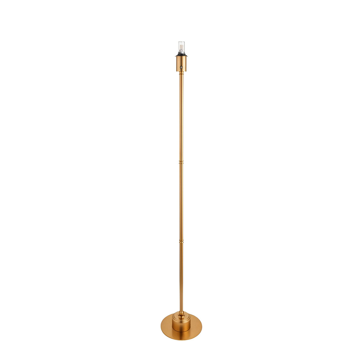 Endon Ashstead LED rechargeable floor lamp in brushed aged brass, shown without a shade, with slim stem, round base and integrated bulb, on a white background.
