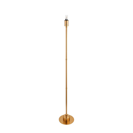 Endon Ashstead LED rechargeable floor lamp in brushed aged brass, shown without a shade, with slim stem, round base and integrated bulb, on a white background.