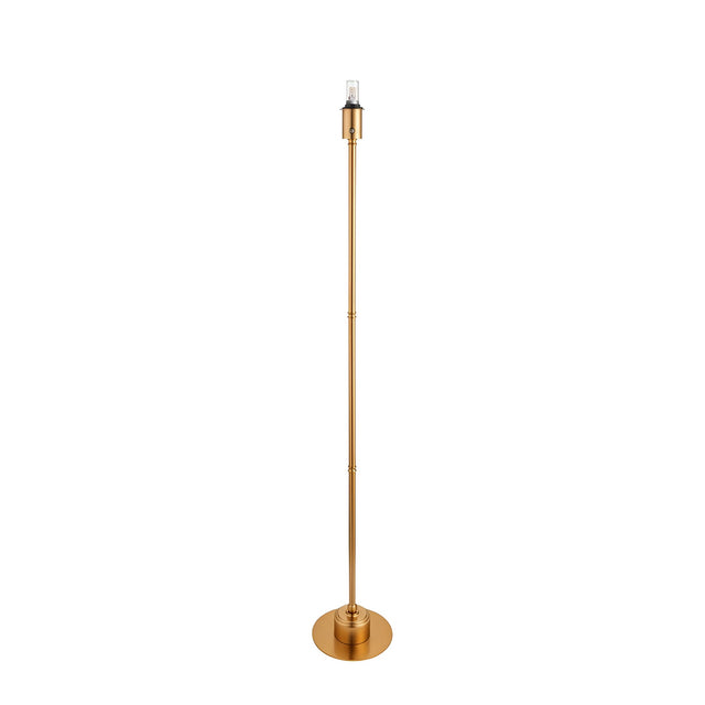 Endon Ashstead LED rechargeable floor lamp in brushed aged brass, shown without a shade, with slim stem, round base and integrated bulb, on a white background.