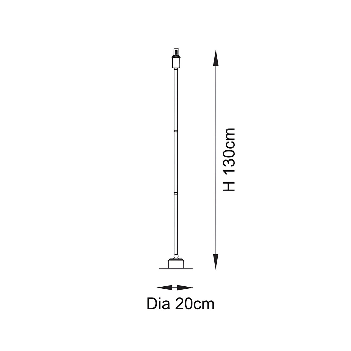 Dimensions diagram of Endon Ashstead LED rechargeable floor lamp showing 130cm height and 20cm base diameter on a white background.