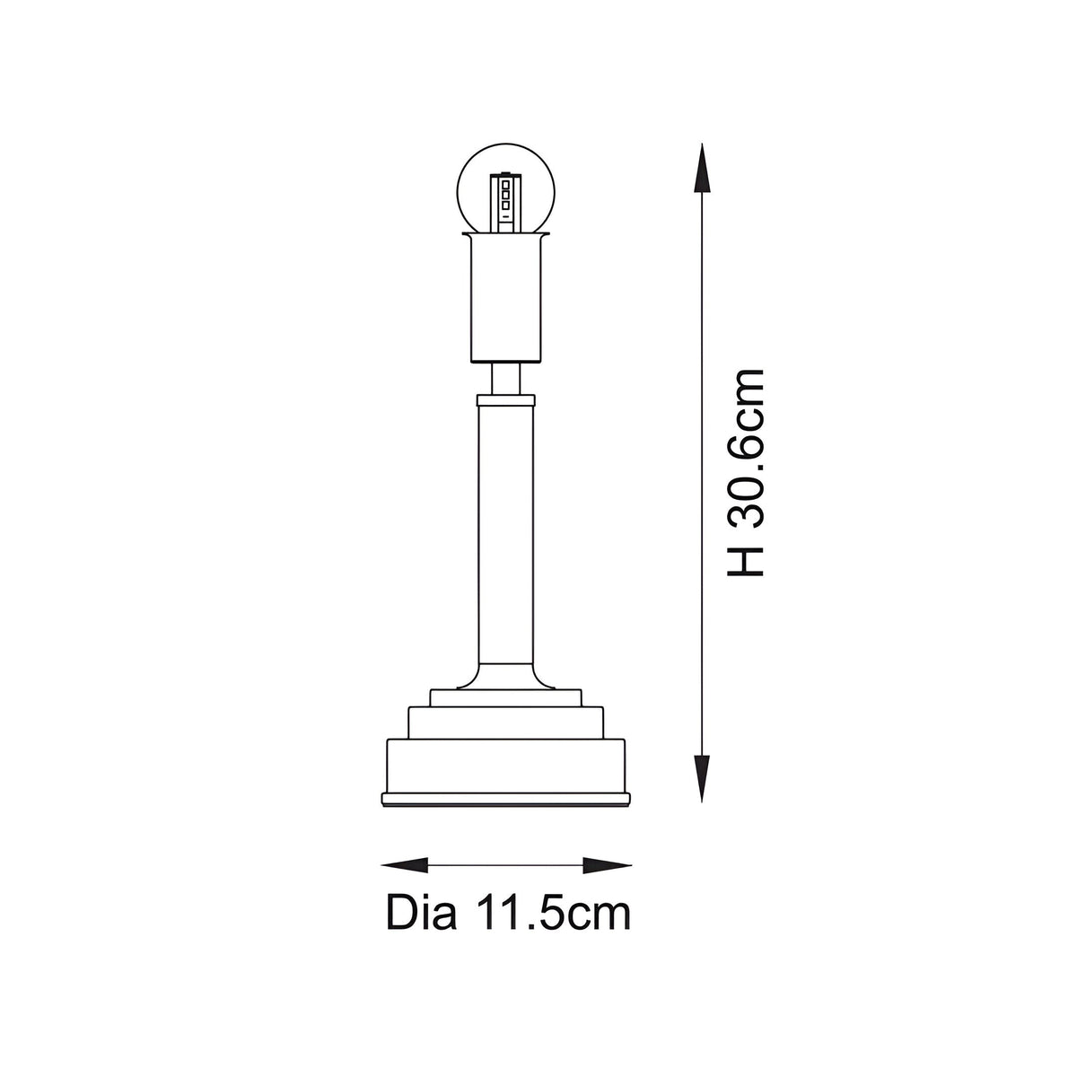 Danebourne LED Table Lamp in brushed aged brass with stepped base, line diagram showing H 30.6cm height and 11.5cm diameter on white background.