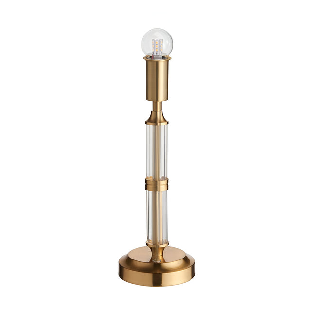 Endon Carlwood LED table lamp in brushed aged brass with clear acrylic column detail and exposed globe bulb, on a plain white background.