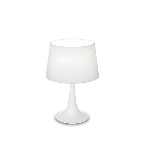 Introducing the Arc Small Table Lamp - White: a contemporary lighting solution showcasing a minimalist design with a white, cylindrical shade and a sleek, slightly tapered base. Perfect for compact spaces, this unlit lamp stands elegantly against a plain white backdrop.