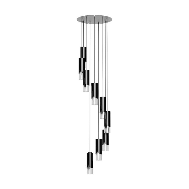 Bisel Spiral Cluster Glass Chandelier in matt black with staggered cylindrical iron shades and clear glass ends, shown on a white background.