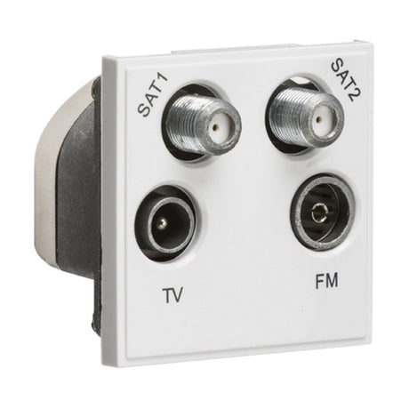 The Quadplexed SAT1/SAT2/TV/FM DAB Outlet Module, measuring 50 x 50mm in white, includes four outlets: two for satellite connections labeled SAT1 and SAT2, a TV aerial marked as TV, and an FM/DAB outlet for radio. It features a sleek combination of metallic and plastic finish.