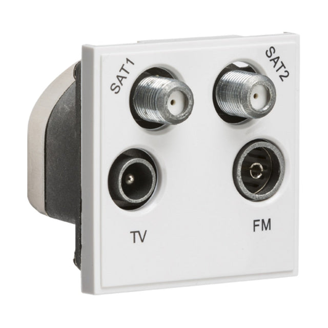 The Quadplexed SAT1/SAT2/TV/FM DAB Outlet Module, measuring 50 x 50mm in white, includes four outlets: two for satellite connections labeled SAT1 and SAT2, a TV aerial marked as TV, and an FM/DAB outlet for radio. It features a sleek combination of metallic and plastic finish.