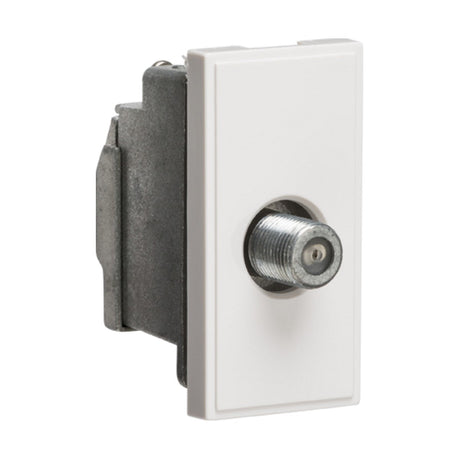 The Screened SAT TV Outlet Module 25 x 50mm in white is designed with a fully screened, low-loss satellite F type outlet specifically for cable or satellite TV installations. It has a rectangular shape and includes a metallic side housing, displayed against a white background.