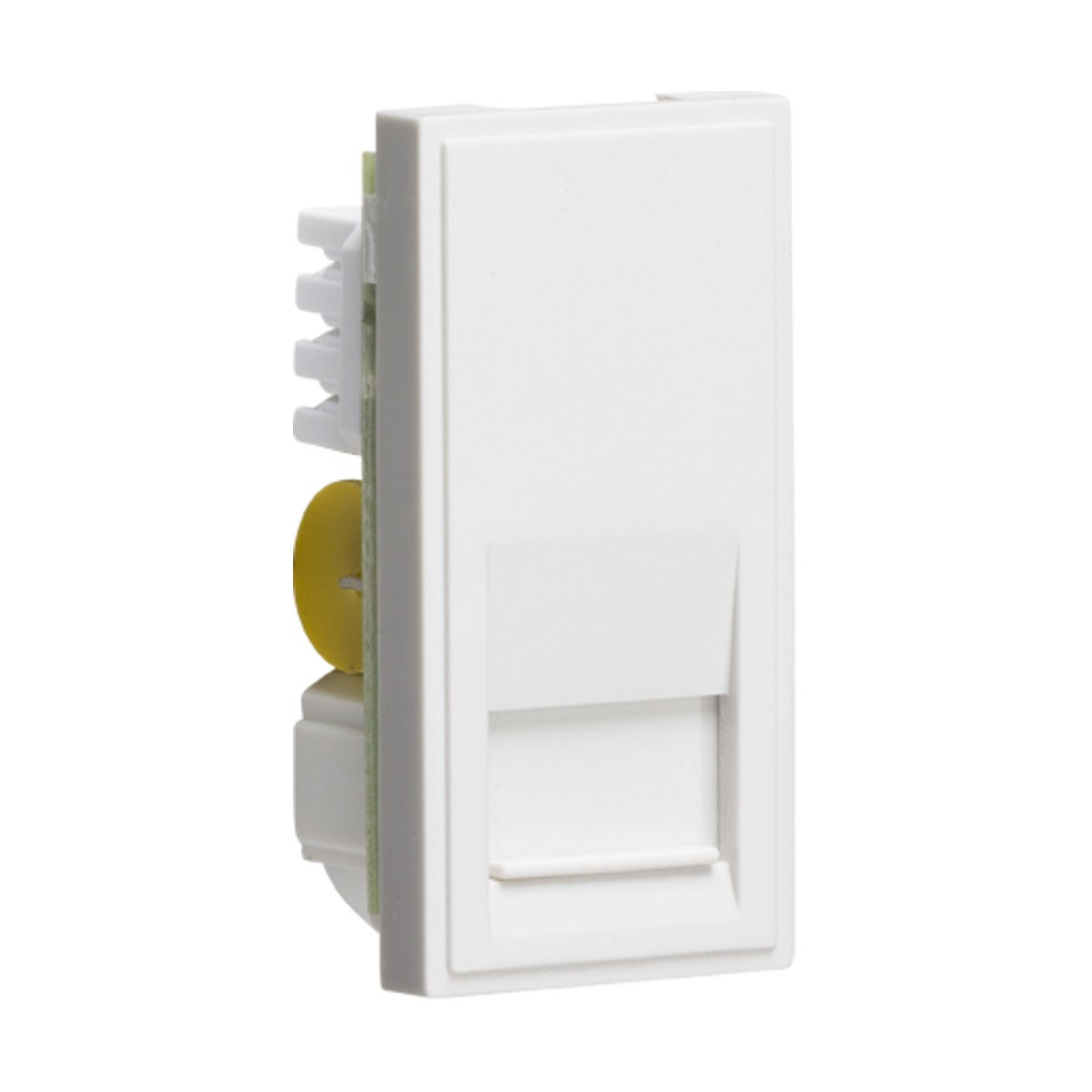 A white, rectangular Telephone Master Outlet Module 25 x 50mm (IDC) fits elegantly within euro-module faceplates. The outlet includes a partially visible cylindrical component on the side, indicating it’s designed for seamless wall mounting.