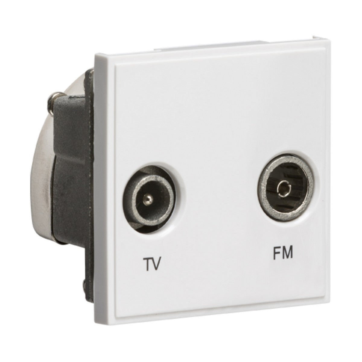 The Diplexed TV/FM DAB Outlet Module 50 X 50mm - White features a white socket panel with two circular ports labeled TV and FM, specifically designed as a low-loss TV aerial outlet and FM DAB aerial outlet for optimal connection to television and FM radio antennas. The ports are securely mounted on a metal backing.