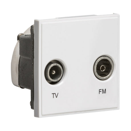 The Diplexed TV/FM DAB Outlet Module 50 X 50mm - White features a white socket panel with two circular ports labeled TV and FM, specifically designed as a low-loss TV aerial outlet and FM DAB aerial outlet for optimal connection to television and FM radio antennas. The ports are securely mounted on a metal backing.