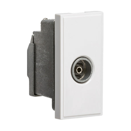 The Screened TV Outlet 25 X 50mm - White is an electrical wall plate with a fully screened coaxial aerial outlet at its center, intended for connecting a low loss coaxial cable commonly used for TV or internet connections. The gray molded back ensures seamless wall installation.