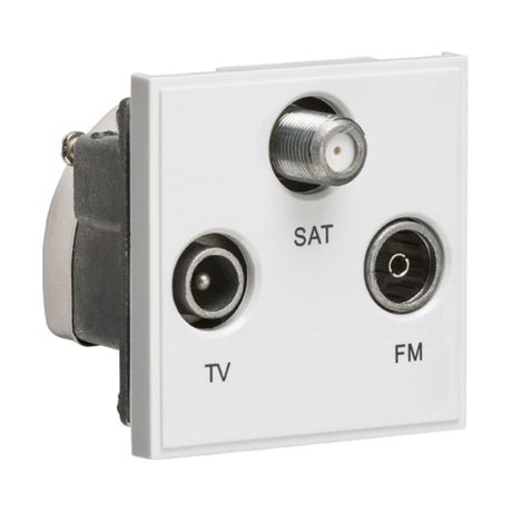 The Triplexed TV/FM DAB/SAT TV Outlet Module, measuring 50 x 50mm in white, includes three connections: a TV port with a round DC connector, a SAT port featuring a threaded coaxial link ideal for satellite TV aerials, and an FM port equipped with a circular DIN connector. This module is screened to EN 50083-2 standards to guarantee optimal performance for each connection.