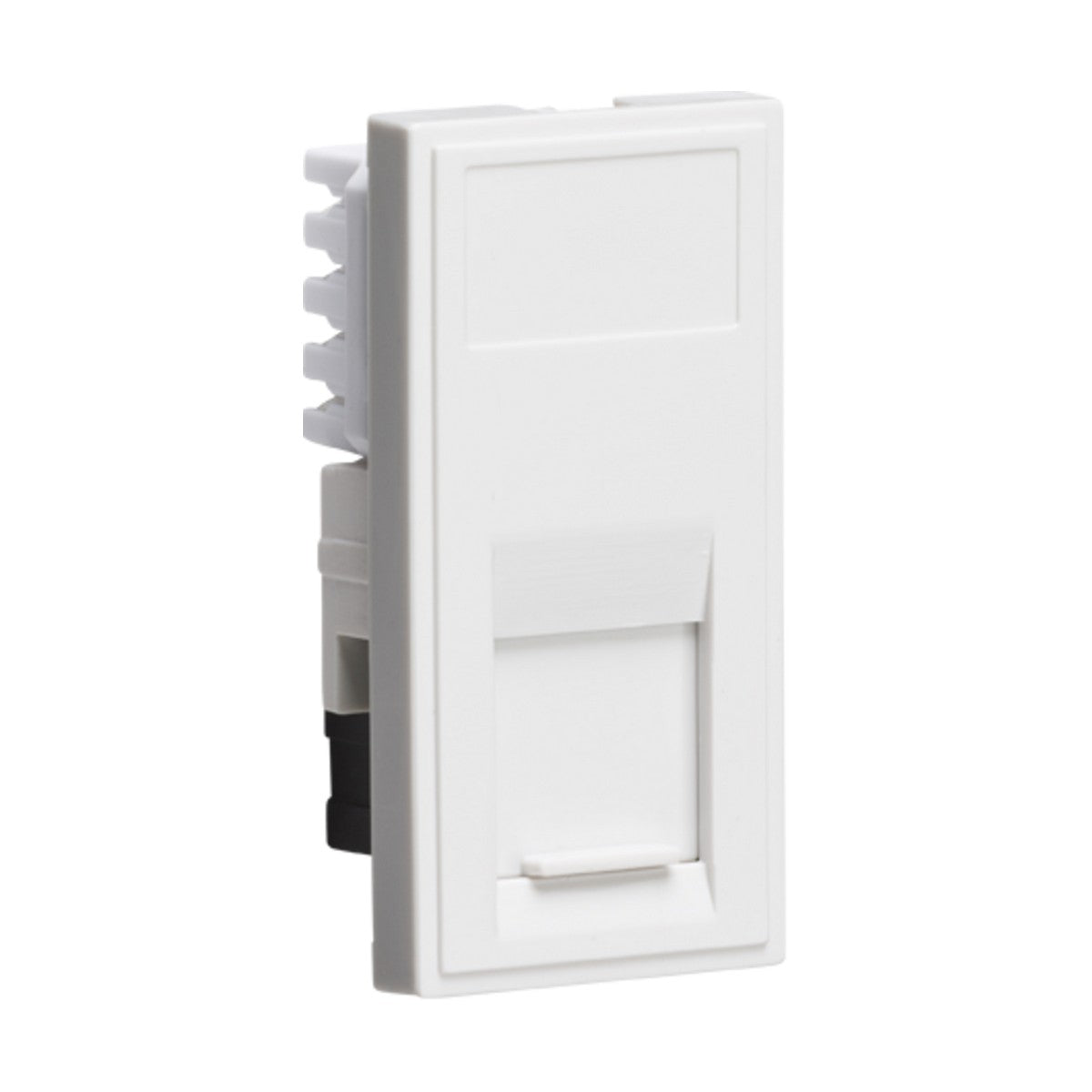 Introducing the UTP CAT5E RJ45 Outlet Module 25 X 50mm - White: a white rectangular euro-module faceplate with a shutter, perfect for wall mounting. This faceplate includes connectors for wiring and is designed to be compatible with UTP CAT5e networks, ensuring reliable connectivity.