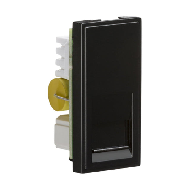 A black Telephone Master Outlet Module 25 X 50mm (IDC) with a rectangular shape, featuring a glossy front and a visible white connector and yellow cylindrical element at the back, possibly part of an IDC terminal or control system.