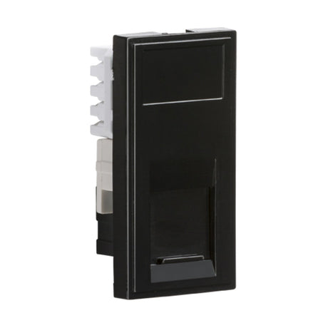 A black UTP CAT6 RJ45 Outlet Module, measuring 25 x 50mm, designed with a euro-module rectangular faceplate and equipped with a rocker design, is positioned vertically against a plain white background.