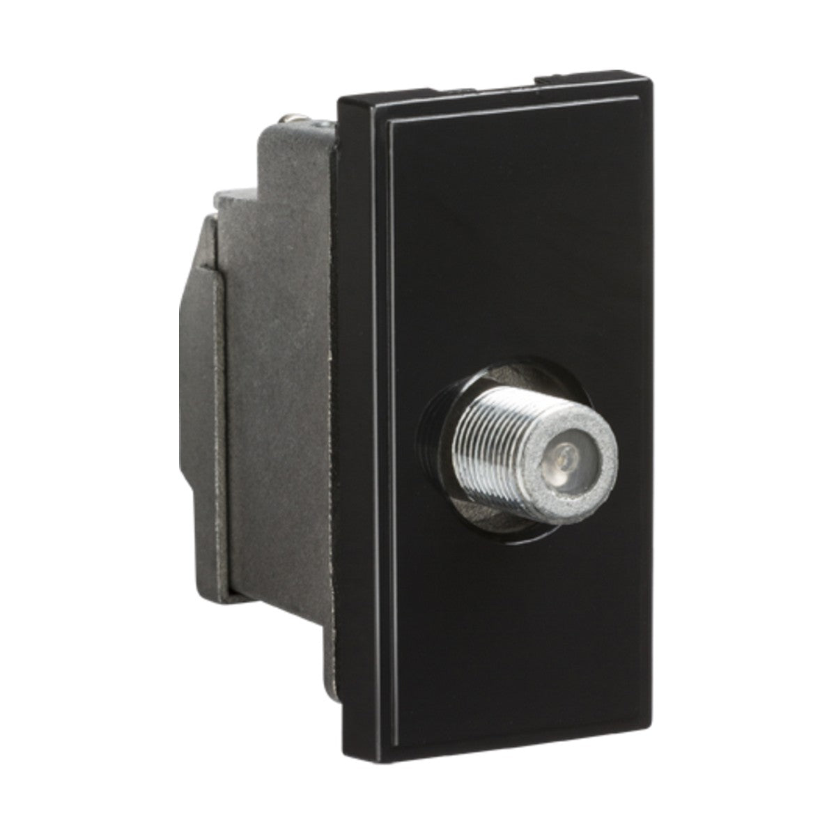 Close-up of a black Screened SAT TV Outlet Module, 25 x 50mm, featuring a single metal coax connector in the center designed as a low-loss satellite F type outlet, set against a white background.