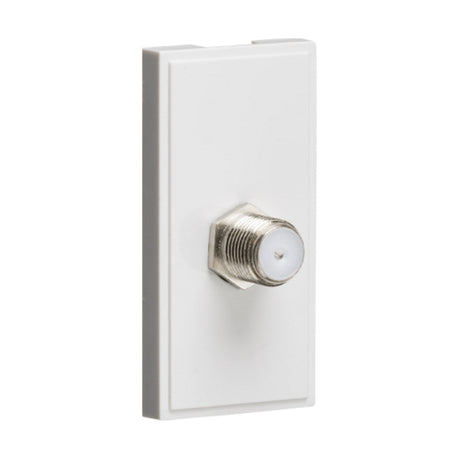 The SAT TV Outlet Module 25 X 50mm - White is a euro-module faceplate with a white finish, designed for a single F-type connection that facilitates easy coaxial cable attachment. Its plain white background accentuates its sleek and modern design.