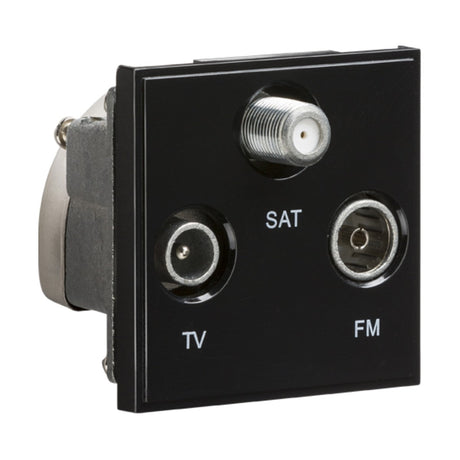 A close-up of the Triplexed TV/FM DAB/SAT TV Outlet Module in black, featuring a wall socket panel with three labeled ports: TV, SAT, and FM. Designed to EN 50083-2 standards, it ensures optimal performance for coaxial cable connections, supporting television and satellite outlets along with an FM DAB aerial for radio signals.