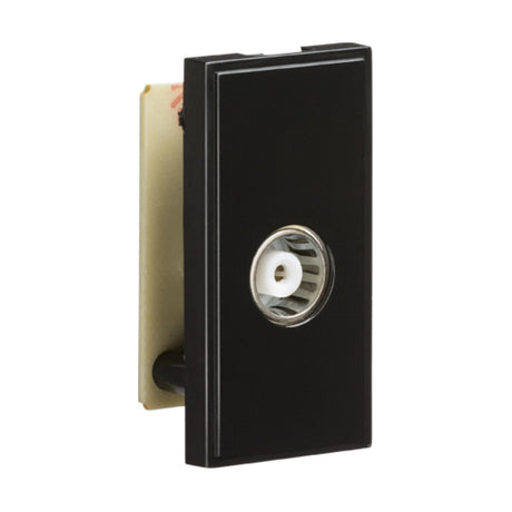 A TV Outlet Module (PCB) in black is stylishly integrated into a minimalist rectangular Euro-module faceplate, featuring a distinct white central knob and free of additional markings or features.