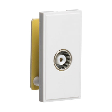 A white rectangular TV outlet module reminiscent of Euro-module faceplates, featuring a circular center and a yellow side adhesive pad for easy installation. The module is positioned at an angle, highlighting its depth and mounting surface.