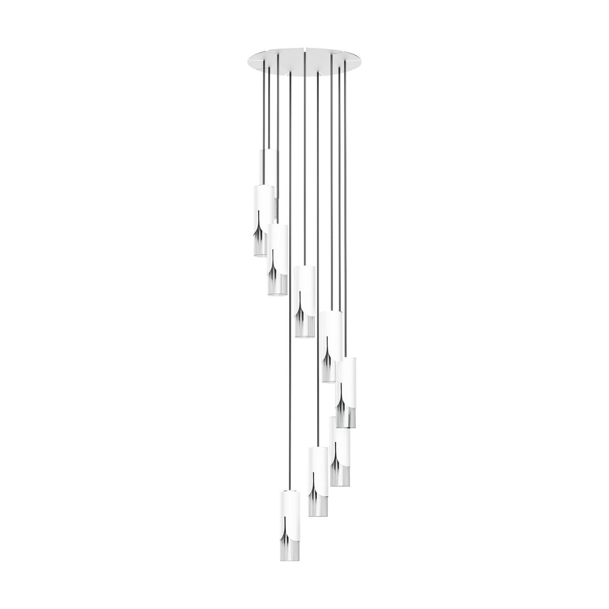 Bisel Spiral Cluster Glass Chandelier in matt white, with cylindrical glass shades staggered at varying heights from a round ceiling canopy, shown on a plain white background.