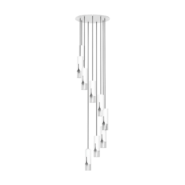 Bisel Spiral Cluster Glass Chandelier in matt white, with cylindrical glass shades staggered at varying heights from a round ceiling canopy, shown on a plain white background.