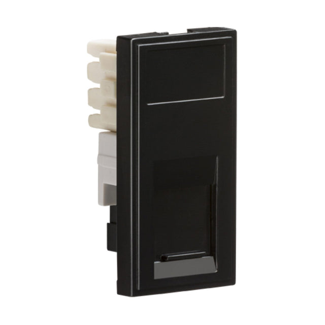 The RJ11 Outlet Module 25 x 50mm (IDC) in black boasts a glossy finish and white connectors at the rear, designed to effortlessly integrate with euro-module faceplates to enhance any setup.