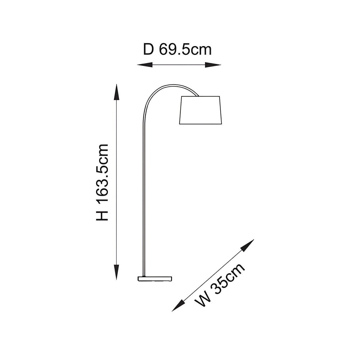 Dimension diagram of the Endon Bevbourne floor lamp showing height 163.5cm, depth 69.5cm, and width 35cm on a plain white background.
