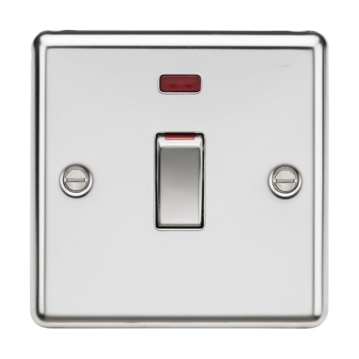 Introducing the 45A DP Switch Neon in polished chrome: a sleek light switch featuring a central single toggle and a discreet red indicator at the top. This one-gang, double pole switch is set on a square plate with two visible screws, seamlessly blending style with functionality.