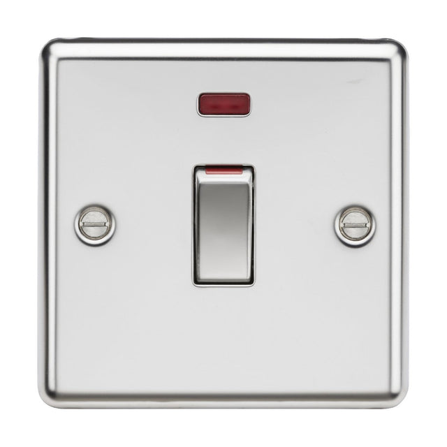 Introducing the 45A DP Switch Neon in polished chrome: a sleek light switch featuring a central single toggle and a discreet red indicator at the top. This one-gang, double pole switch is set on a square plate with two visible screws, seamlessly blending style with functionality.