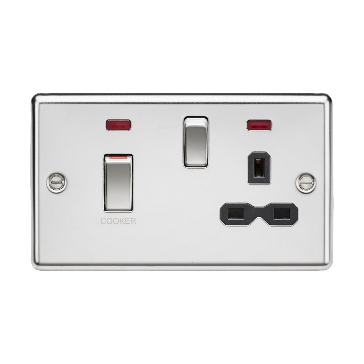 The 45A DP Switch & 13A Socket Neons in polished chrome features a dual electrical outlet with labeled switches and a 45A cooker control unit. One switch is marked "Cooker," accompanied by indicators above both switches. It includes one standard UK socket and a specialized socket for versatile use, designed with a black insert and rounded edges.