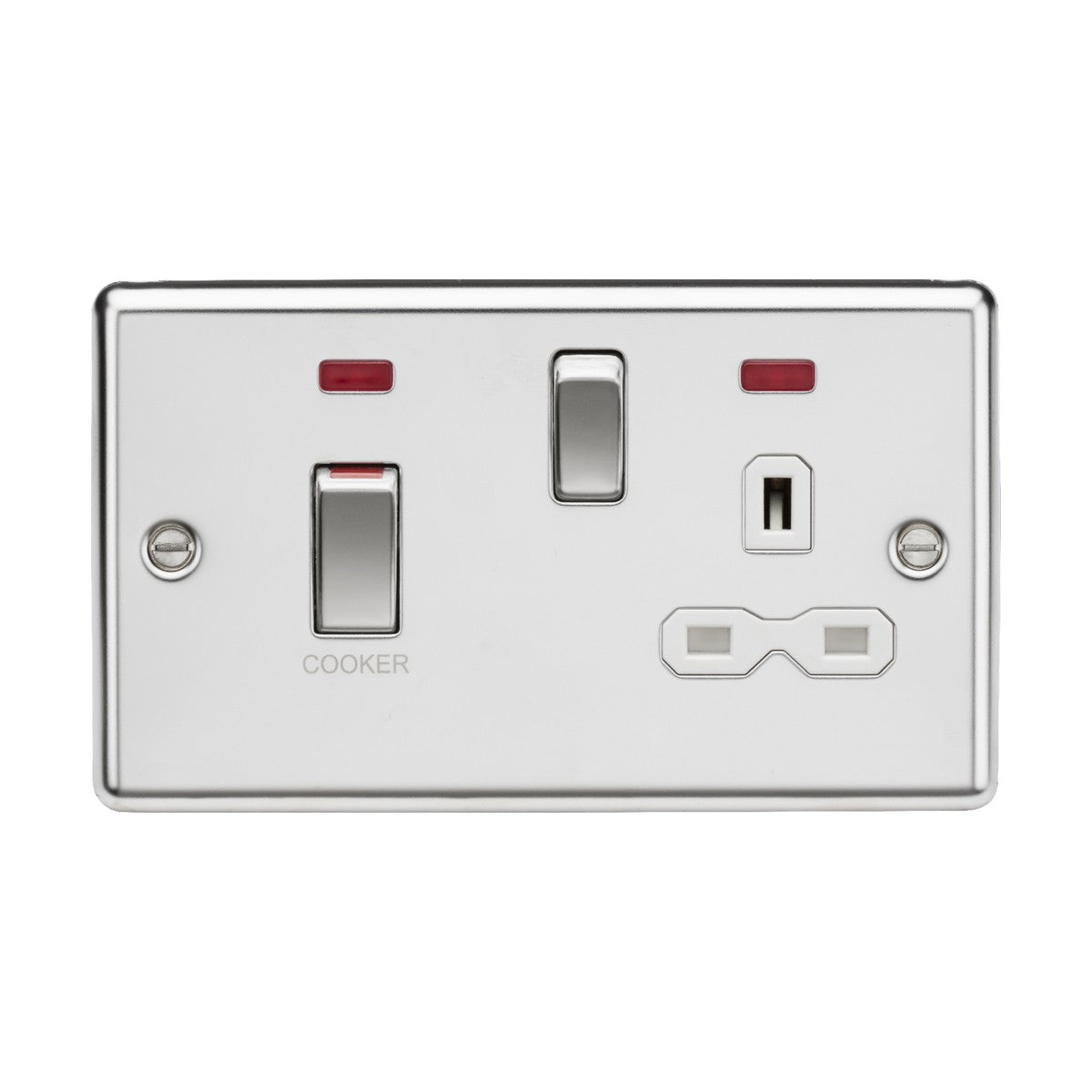 A polished chrome wall switch plate with a 45A DP switch labeled COOKER and a double plug 13A socket. The panel, part of the cooker control units, includes small red neon indicator lights above each switch.