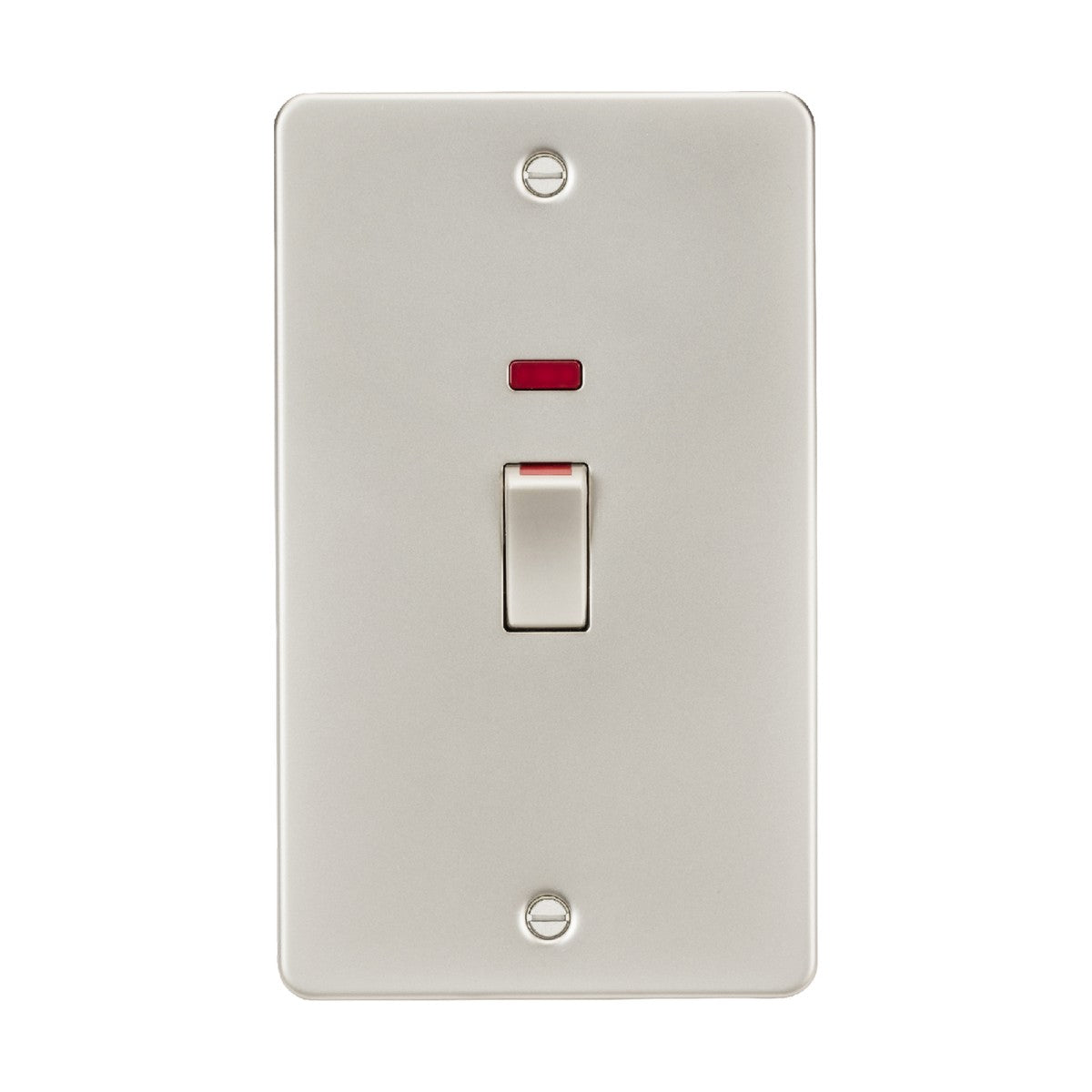 A Pearl flat plate 45A double pole switch, featuring an ultra low profile design, comes equipped with a red indicator light on a rectangular faceplate and is displayed in the on position against a white background.