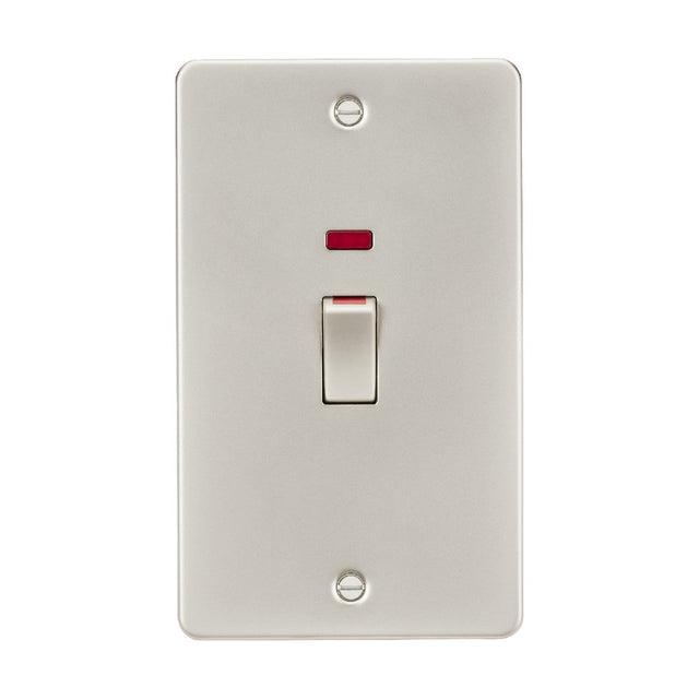 A Pearl flat plate 45A double pole switch, featuring an ultra low profile design, comes equipped with a red indicator light on a rectangular faceplate and is displayed in the on position against a white background.