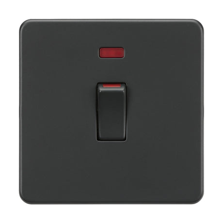 The 45A DP Switch Neon in anthracite is showcased, highlighting its sophisticated design. This 1 gang size switch, with a red neon indicator, is presented in the off position against a plain white background for a sleek appearance.