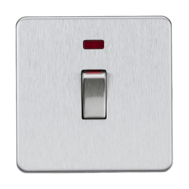 The 45A DP Switch Neon in a brushed chrome, screwless design includes a metallic finish and features a subtle red indicator above it, elegantly positioned on a square plate.