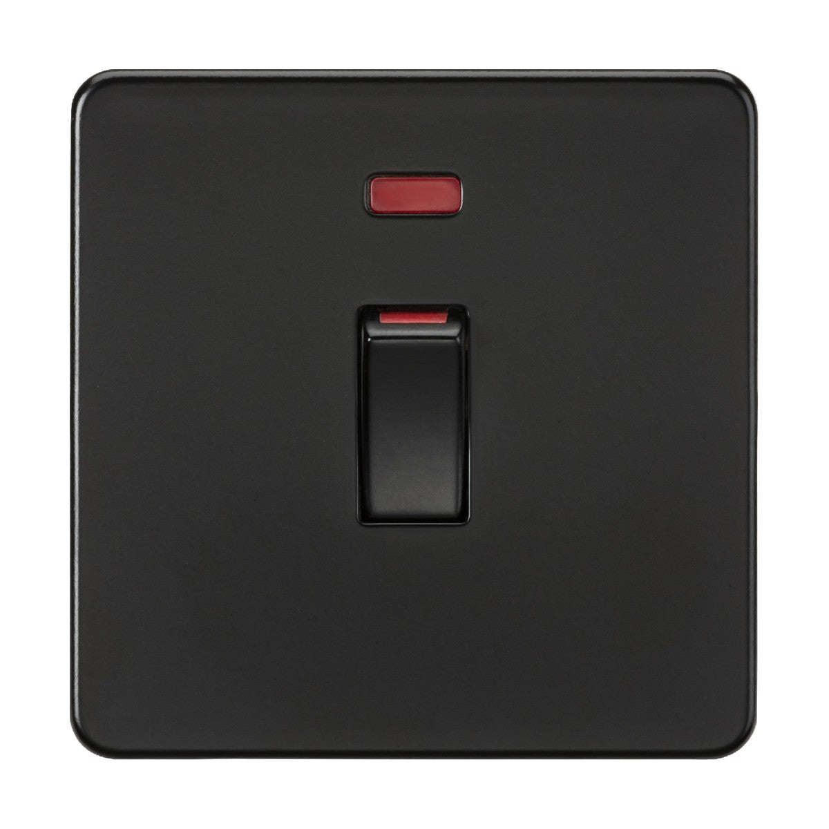 The 45A DP Switch Neon (1 Gang Size) in matt black, mounted on a square black plate, offers a sleek design with a neon indicator and double pole for reliable control.