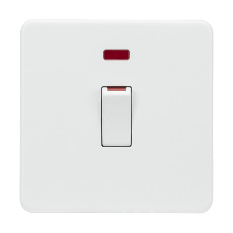 The 45A DP Switch Neon (1 Gang Size) in a matt white finish features a neon indicator on top, displayed against a plain white background. The switch is in the off position, highlighting its functionality similar to that of cooker control units.