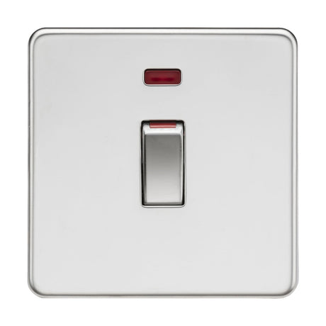 A polished chrome, screwless 45A double pole neon switch, featuring a white square design with a silver toggle and a red indicator at the top, offers isolation and stylish functionality in a 1 gang size.