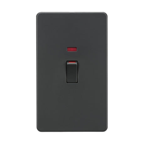 The image depicts an anthracite 45A double pole switch with a neon indicator in the off position, presented against a minimalist white background, similar to modern cooker control units.