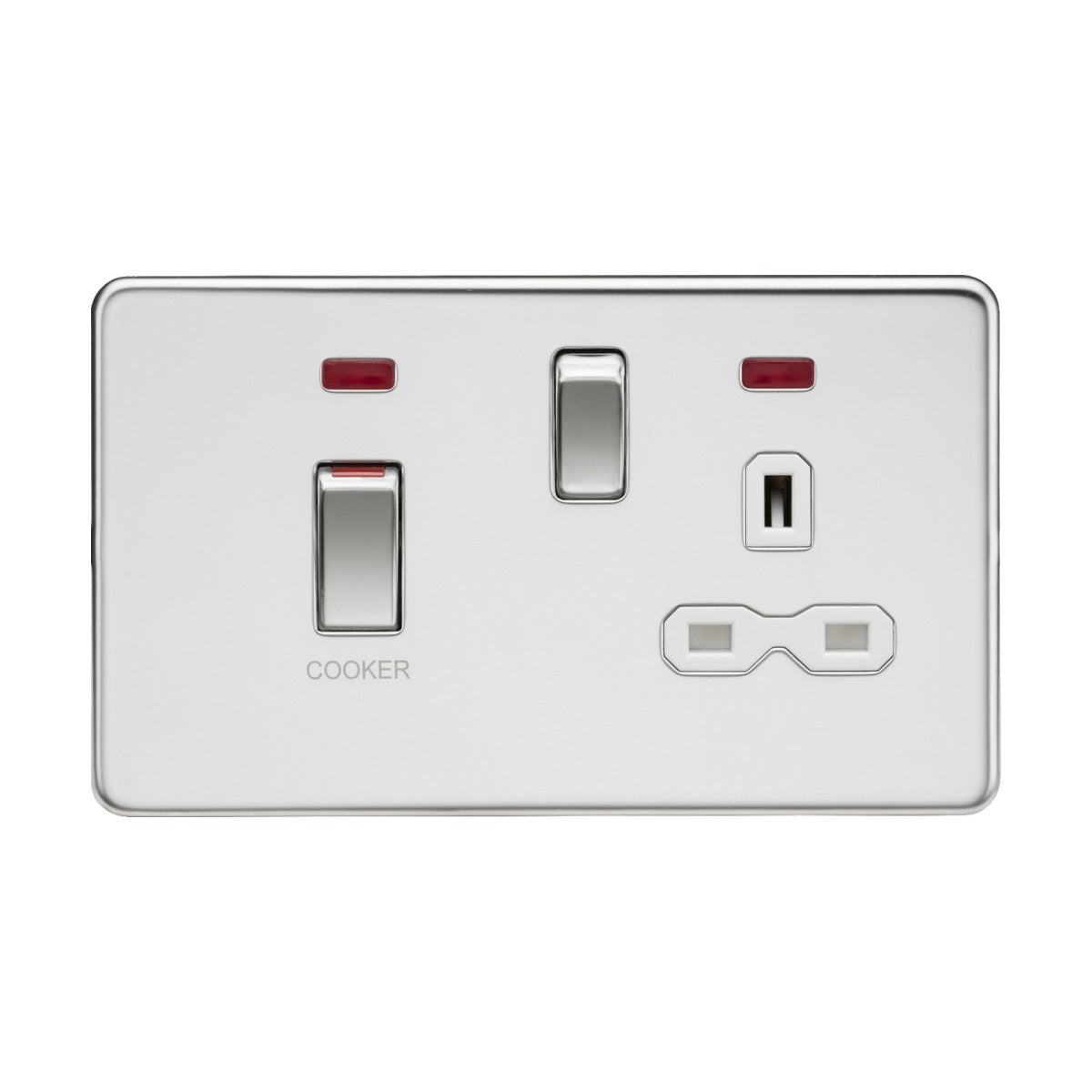 A white wall socket from the 45A DP Switch & 13A Socket Neons collection, featuring cooker control units with a polished chrome metallic border and a minimalist screwless design. It includes a three-pin plug socket alongside a 45A switch, both labeled Cooker with red indicator lights above.