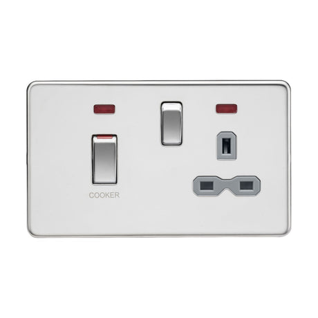 A sleek white rectangular faceplate hosts the 45A DP Switch & 13A Socket Neons, featuring a polished chrome finish with a grey insert. This cooker control unit includes a double electrical wall socket with two plug inputs, two small red indicator lights above the double pole switches, and a switch, all designed in a screwless style.