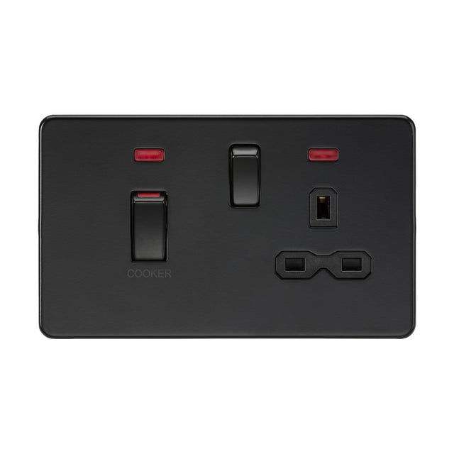 The 45A DP Switch & 13A Socket Neons in matt black, featuring a black insert, includes a cooker switch with two red indicator lights and a 13A socket for various plug and appliance connections, providing versatile and efficient power management in your kitchen.