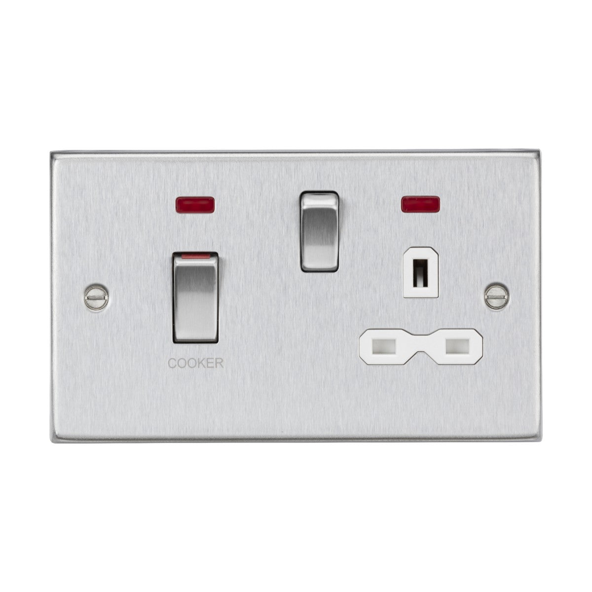 The 45A DP Switch & 13A Socket Neons in brushed chrome, with a white insert and square edge design, features a switch labeled COOKER, along with a standard power socket. Two small red indicator lights are positioned above the switches to ensure functionality at a glance.