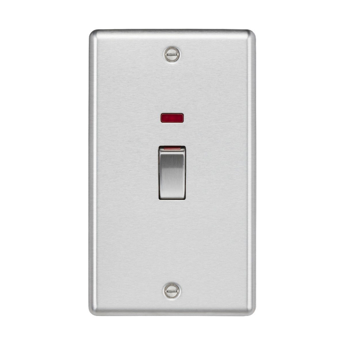 The 45A DP Switch Neon in a brushed chrome finish boasts a rounded edge design, featuring a small red indicator light above the switch on its rectangular plate. This double pole model provides both elegance and practicality, perfect for wall mounting.