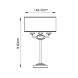 Line drawing of the brass Brenley 3 Light Table Lamp with rectangular fabric shade, three-arm metal frame and stem base, Dia 32cm x H 50cm.