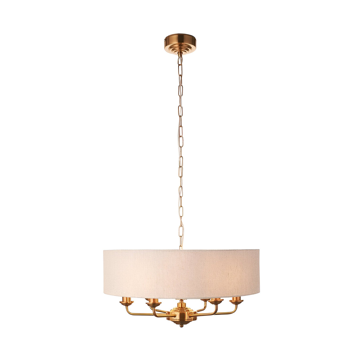 Endon Brenley 6 light pendant in vintage brass with a large round natural linen drum shade and chain suspension, shown on a white background.