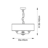 Technical line drawing of the Brenley 3-Light Pendant with a rectangular fabric shade, vintage brass metalwork, chain suspension, and adjustable dimensions.