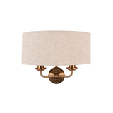 Endon Brenley 2 light wall light with natural linen drum shade on a horizontal vintage brass bar and round backplate, shown on a white background.