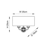Dimension diagram of Endon Brenley 2 Light Wall Light in vintage brass, showing width 35cm, height 25cm, and depth 18cm on white.